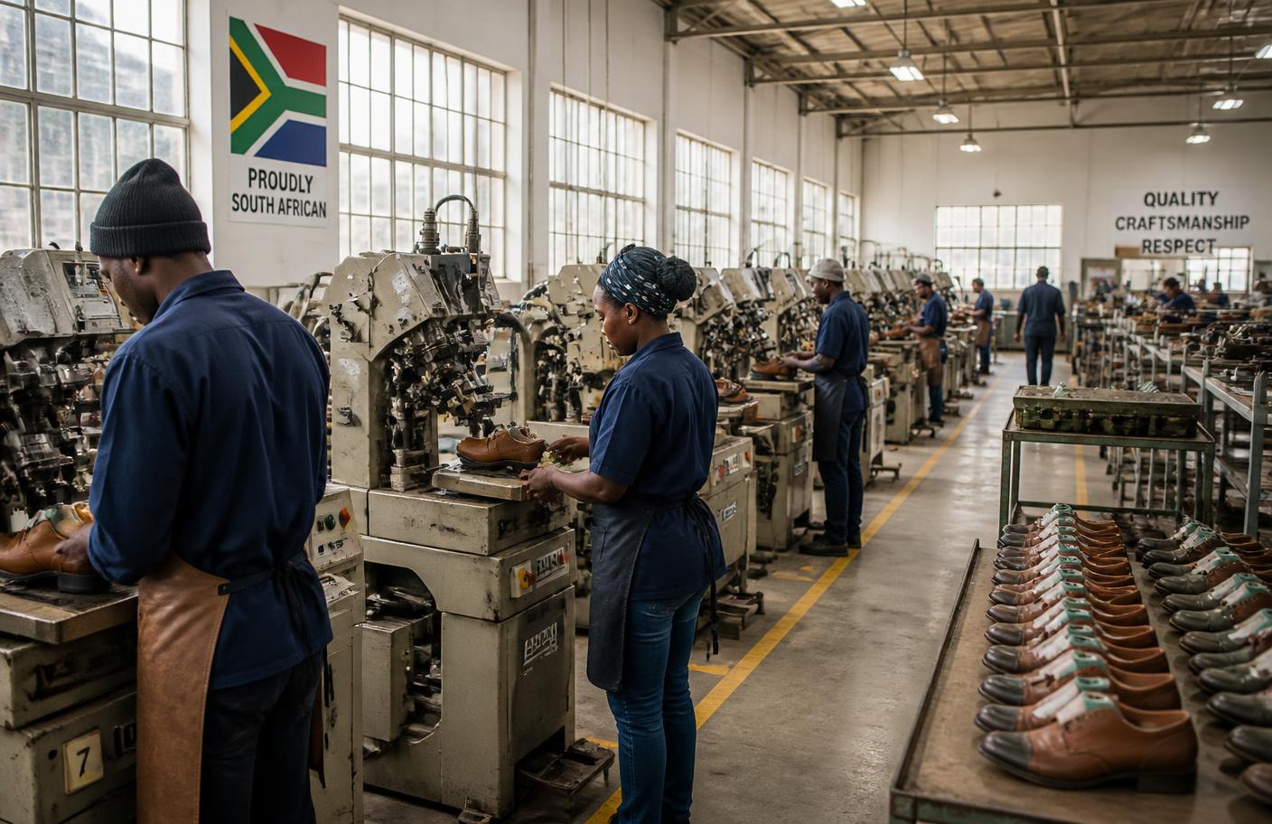 Workers operating lasting machines on the Bolton Footwear production floor