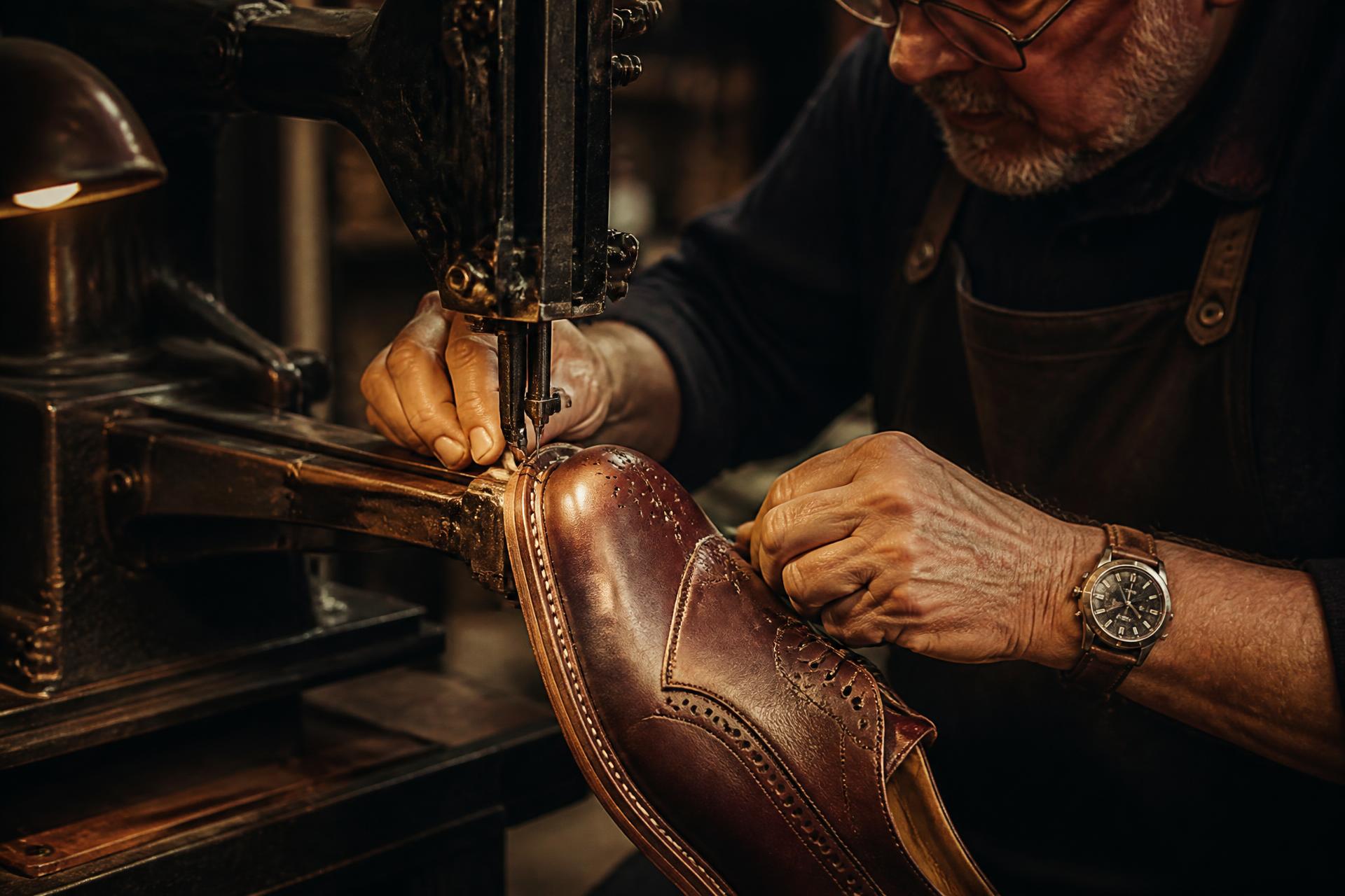 Craftsman stitching a leather brogue at a Bolton Footwear plant